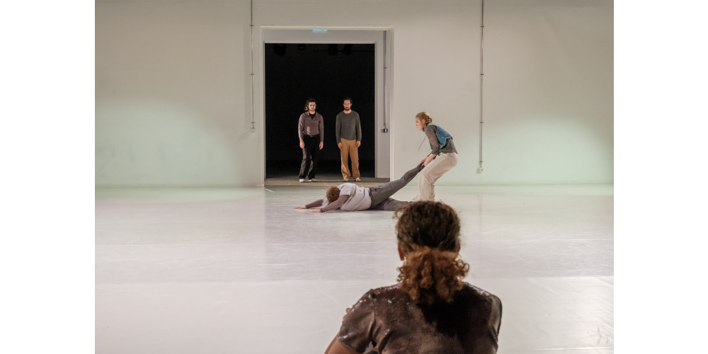 „100.80.40 – rats in the living room /études pathétiques“ von Micha Purucker. Tanz: Marcos Nacar, Michal Heriban, Linus Jansner, Lina Wailzer; vorne: Anise Smith